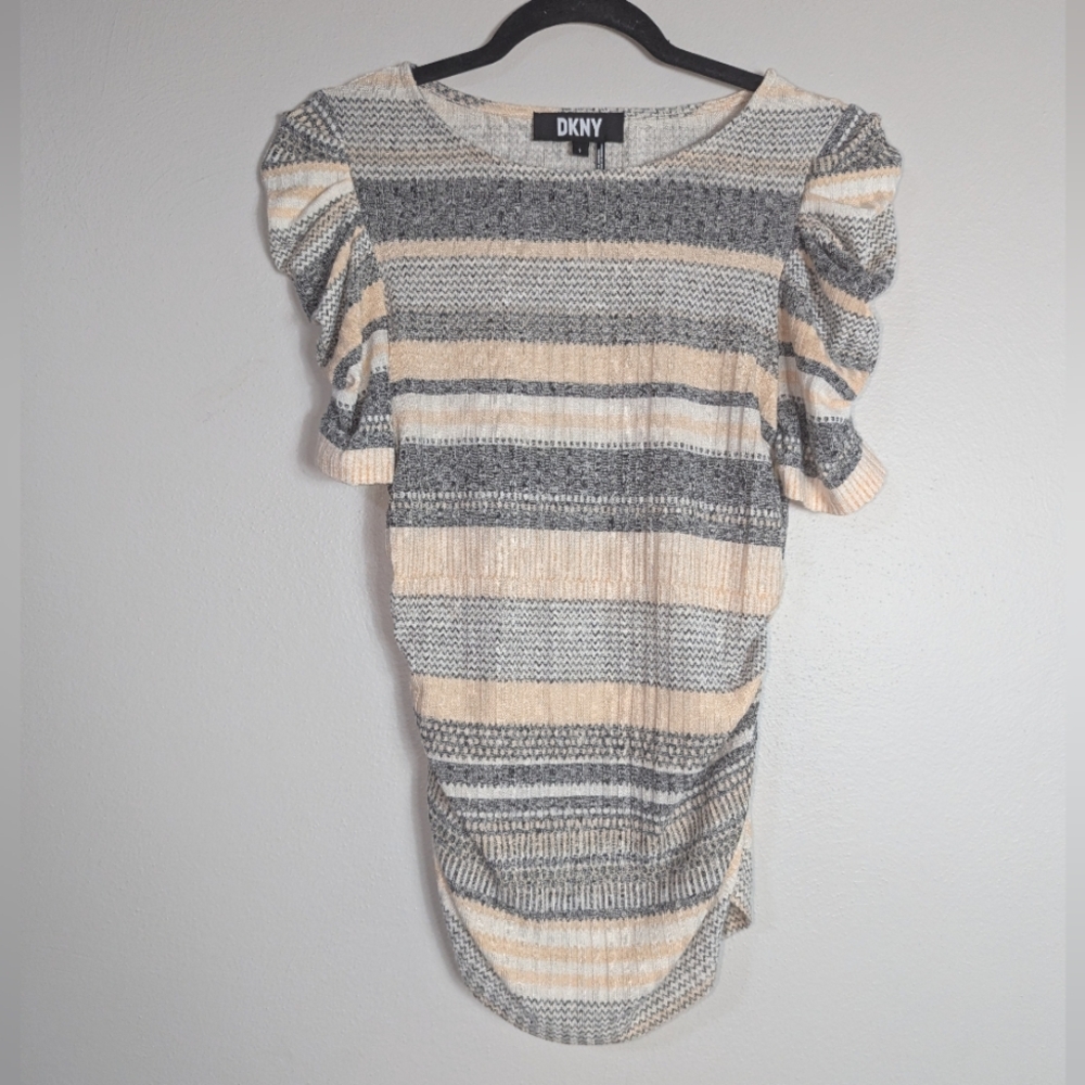 S DKNY Knit Chevron Print Ruched Side Puff Sleeve Top